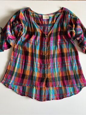 Anthropologie (Maeve) Lightweight Multicolor Plaid Button-Down Shirt Sz S EUC